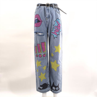 INS European And American Style Autumn Fashion Low Waist Vintage Printed Slim Fit Straight-leg Denim Trousers