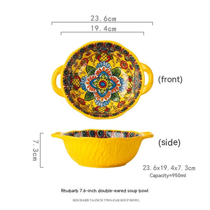 Yellow Green Wave Tree Pattern Flower Hand Painted Underglaze Binaural Ceramic Not Hot Hand Noodle Bowl